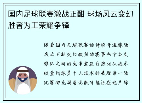 国内足球联赛激战正酣 球场风云变幻胜者为王荣耀争锋