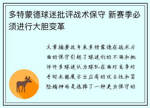 多特蒙德球迷批评战术保守 新赛季必须进行大胆变革