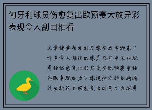 匈牙利球员伤愈复出欧预赛大放异彩表现令人刮目相看