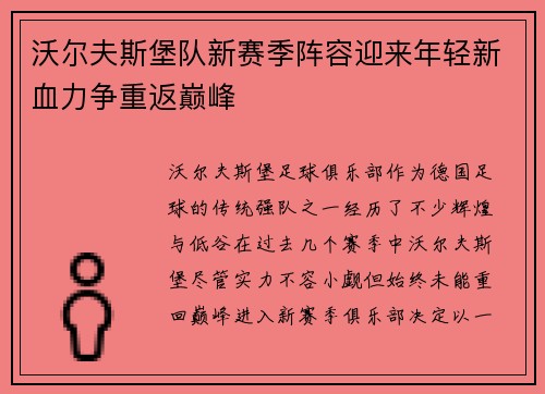 沃尔夫斯堡队新赛季阵容迎来年轻新血力争重返巅峰